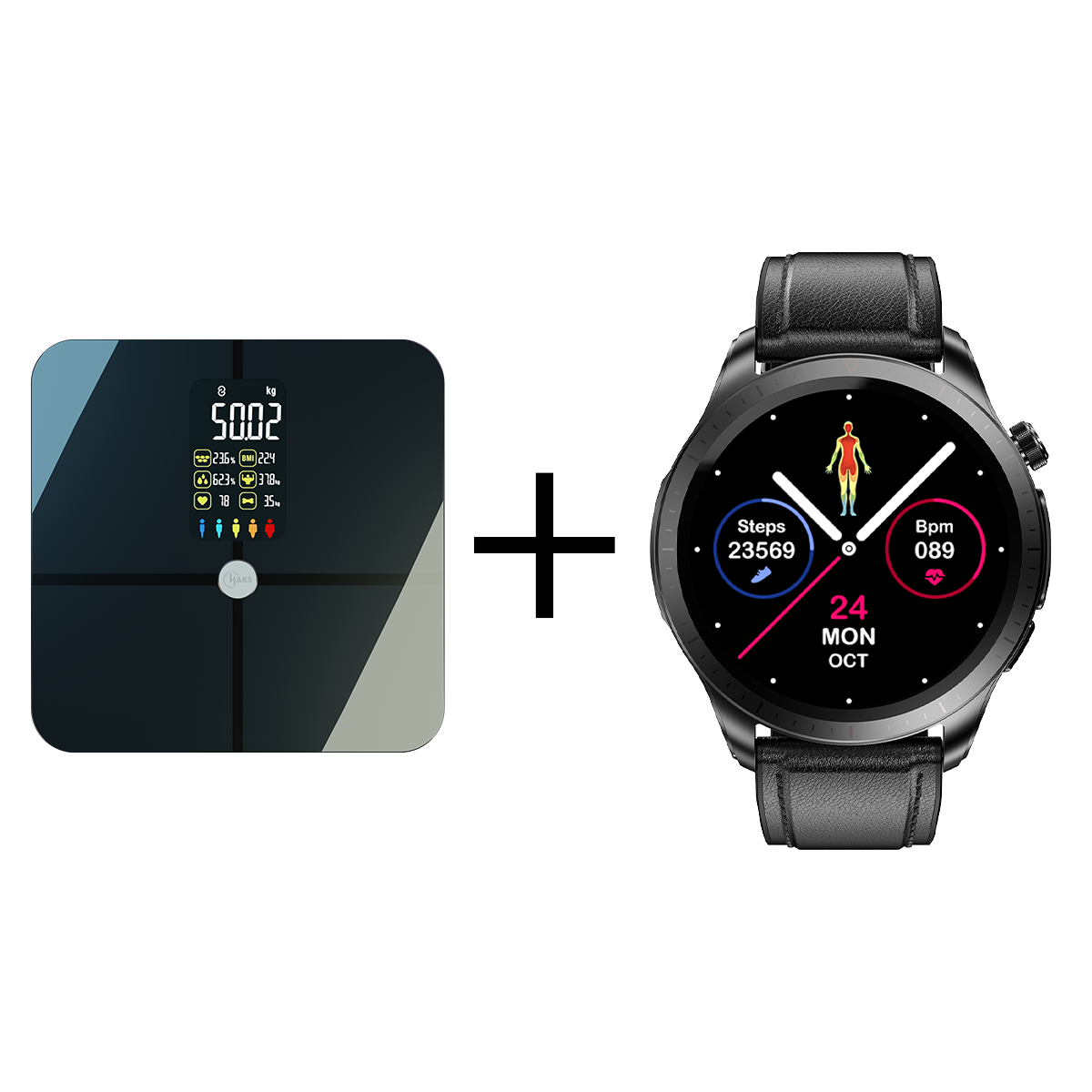 1 + 1 Pachet Cantar Corporal Inteligent Haks pentru Monitorizare Greutate, Ritm Cardiac + Smartwatch ProHaks (Glicemie, Tensiune Arteriala, ECG 3 Derivatii)