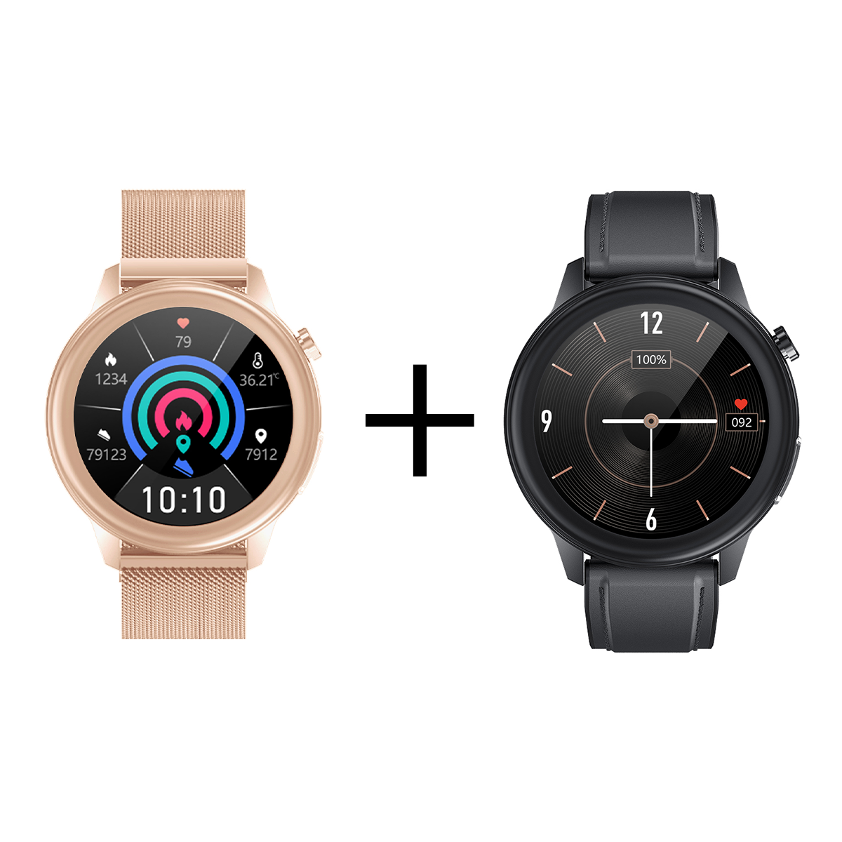 1 + 1 Pachet Smartwatch Monitorizare Functii Vitale Negru + Rose Gold (Tensiune Arteriala, Puls, Rata Repiratorie, ECG)