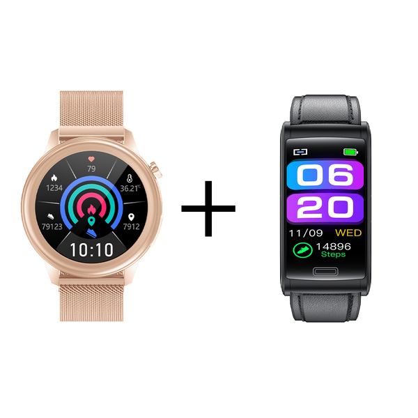 1 + 1 Pachet Smart Bracelet ProHaks (Glicemie, Tensiune Arteriala, ECG 3 Derivatii) + Smartwatch Monitorizare Functii Rose Gold (Tensiune Arteriala, Puls, Rata Repiratorie, ECG)